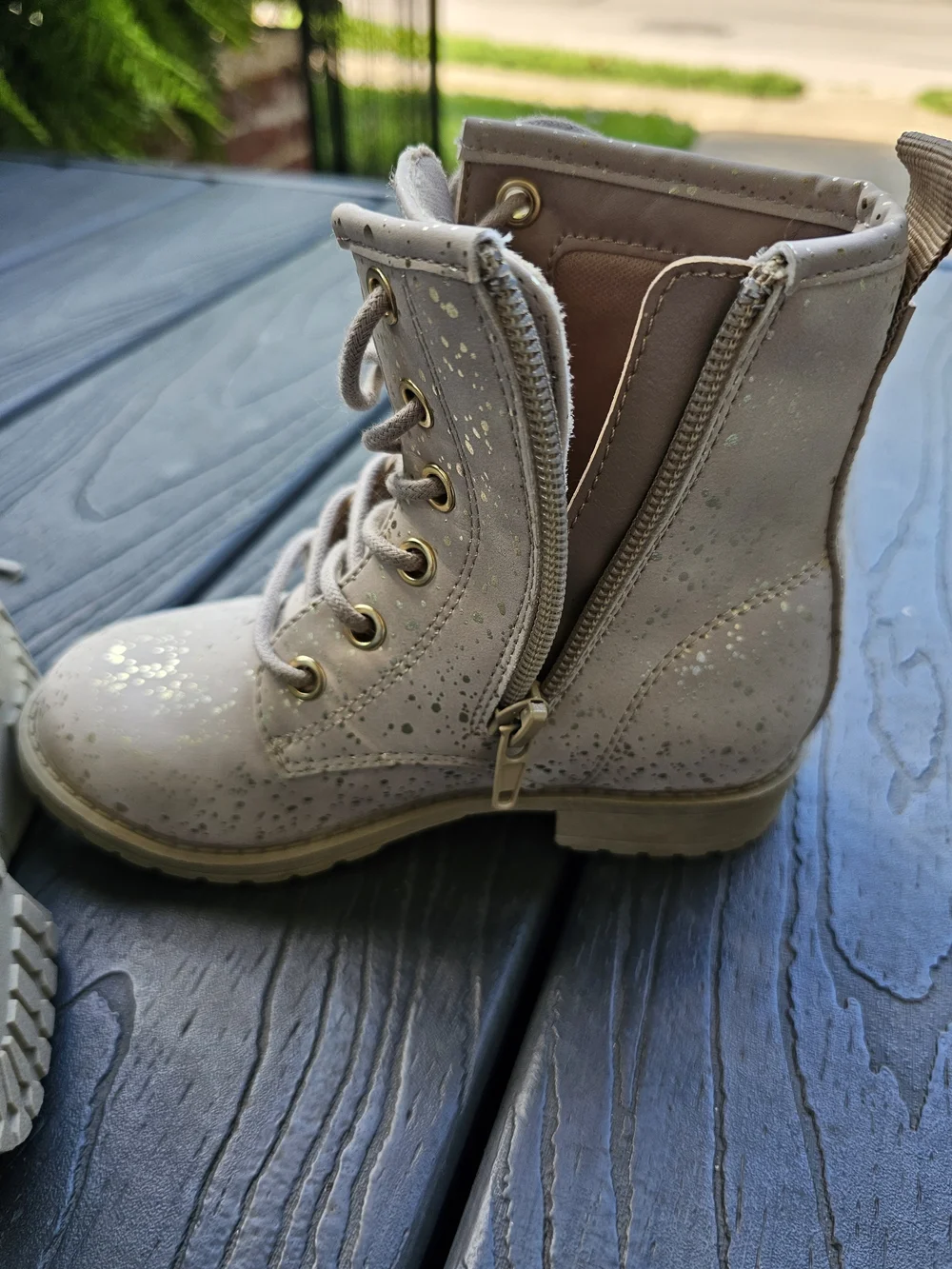 Kids Beige Glitter Lace-Up Combat Boots